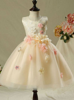 Cute 2017 Flower Girl Dresses Champagne Knee-Length Ball Gown  Flowers Appliques Pearl Sequins