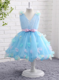 Fabulous Blue Flower Girls Dresses V-neck Ball Gown with Floral