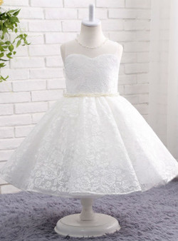 Dreamy White / Ivory Flower Girl Dresses O-neck Lace Ball Gown with Pearl
