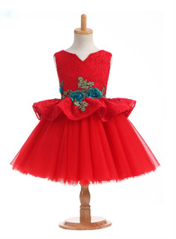 Gorgeous 2017 New Arrival Ball Gown Ruby Flower Girl Dresses for Weddings V Neck Flowers Appliques