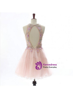 Attractive A lines Pink Homecoming Dresses Open Back Sleeveless Beaded Scoop Mini Homecoming Dress