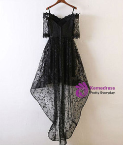 BLACK LACE EVENING DRESS BLACK LACE HIGH LOW PROM DRESS