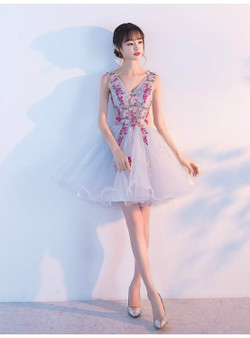 Straps Sexy Illusion  Ball Gown Prom Dresses Short 2017 V-neck Shoulder