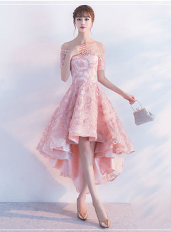 Pink Off The Shoulder High Low Homecoming Dresses