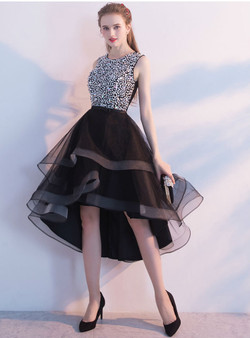 2017 New Luxury Sequined Pearls Prom Dresses Black High Low Prom Dresses