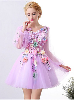 Prom Dress Luxury Flowers Evening Party Pink Long Sleeves Short