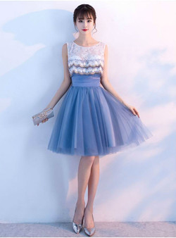 Blue White Contrast Color Lace Beading Short Prom Dresses 2017 Summer