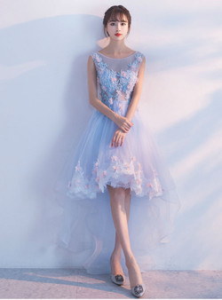 2017 Shoulder Straps V-neck Flowers High Low Prom Dresses