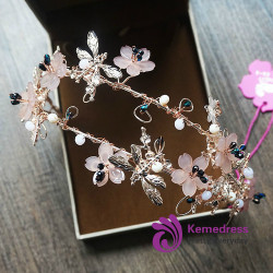 handmade headdress for women pink flower dragonfly delicate bridal tiara