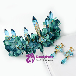 wedding hair accessores green fabric flower long icicle queen crown luxury tiara