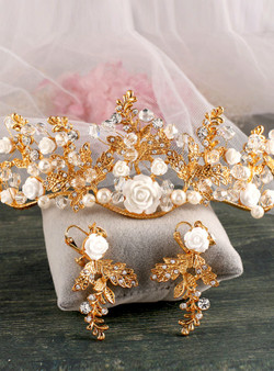 golden Tiara Baroque bride wedding dress handmade crystal crown