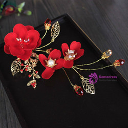 1 pair red flower bride wedding headdress accessories hair
