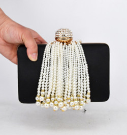 pearl tassel evening clutch bags Black satin with crystal Fashion