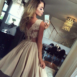 Short Satin Homecoming Party Gowns Simple Sheer Lace Backless
