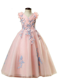 A-line Pink Color Tulle Appliques Floor Length Flower Girl Dresses