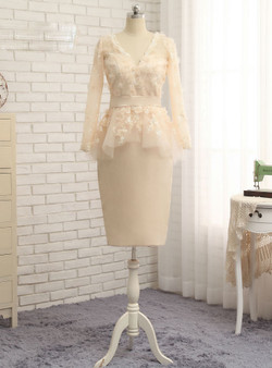 2017 Formal Celebrity Dresses Sheath V-neck Long Sleeves Tulle Flowers Evening Dress