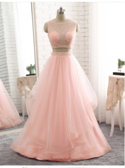 Two Piece Long Prom Dresses Pink Tulle Floor Length Formal Gowns
