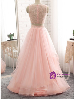 Two Piece Long Prom Dresses Pink Tulle Floor Length Formal Gowns