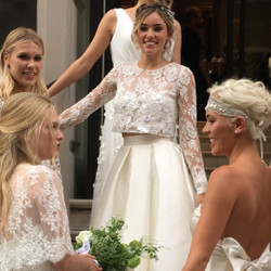 Long Lace Sleeves 2018 Two Piece Hi-Lo Satin Wedding Dresses with Sheer