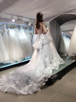 A-line Blue Tulle Lace Appliques Wedding Dress With Long Train