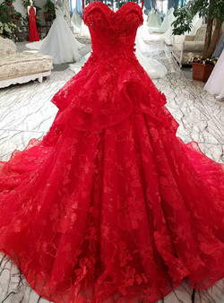 Princess Lace Flowers Luxury Generous Spaghetti Strap Red Wedding Dress