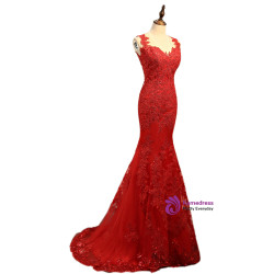 2017 Mermaid V-neck Tulle Appliques Lace See Through Sexy Long Prom Dresses