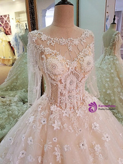 Luxury Bridal Gown With Sleeves Beading 3D Flowers Ball Gown Lace Wedding Dress