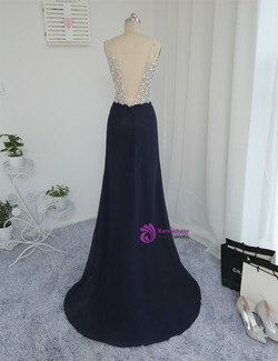 Popular 2017 Sheath Deep V-neck Beaded Crystals Slit Navy Blue Long Prom Dresses