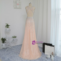 Open Back 2017 Prom Dresses A-line V-neck Champagne Slit Sexy Sequins Crystals