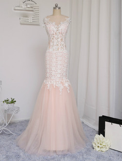 2017 Prom Dresses Mermaid See Through Tulle Appliques Lace Long Prom Gown