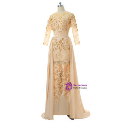 Adorable Champagne 2017 Muslim Evening Dresses Mermaid 3/4 Sleeves Flowers