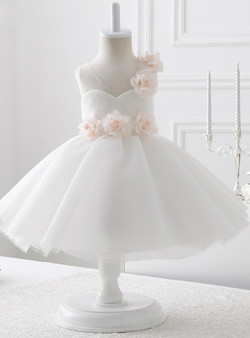 V-neck White Tulle With Flowers flower girl dress