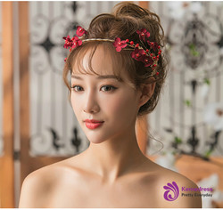 Handmade Bridal Wine Red Flower Headbands Simulated Pearls Hairband