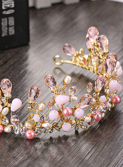 Pretty Pink Crystal Bridal Crowns Tiaras Girls Pearl Beads Wedding Hair