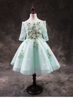 Sky Blue Girls Dresses With Printed Applique Flower Girls Dresses 2018