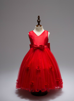 Appliques Princess Long Trailing Dress With Big Bow Ruffled Taffeta Girls V-Neck