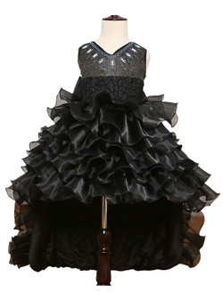 Black Organza Sleeveless O-Neck Bow Ball Gown Zipper Tiered Lace Sashes Princess