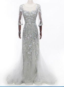 half sleeve mermaid evening gown grey crystal illusion dress evening gown