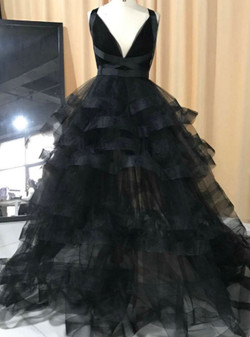 classical black organza sample long neck sexy dress criss cross