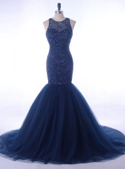 Luxury Rhinestone Evening Gown Beading Navy Blue  Women Formal Party Dress