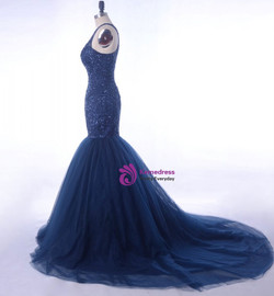 Luxury Rhinestone Evening Gown Beading Navy Blue  Women Formal Party Dress