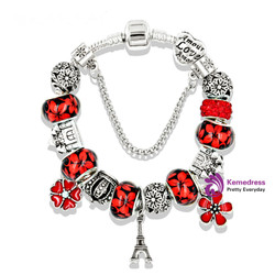 Silver Color Eiffel Tower Pan Charm Bracelet Crystal Flower Bead Bracelets & Bangles Silver Color Eiffel Tower Pan Charm Bracelet Crystal Flower Bead Bracelets & Bangles