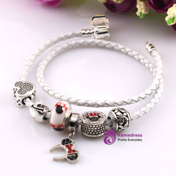 Leather Bracelet With Mickey crown Charm Beads Fits Friendship