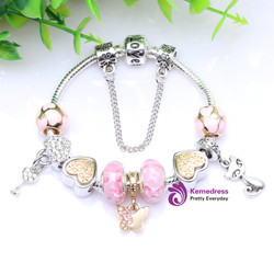 Original Silver Plated Butterfly Pendant Girl Bracelet with Murano Glass Beads Female