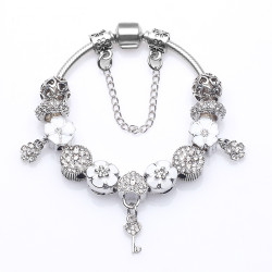 White Flower Beads fit Charm pan Brand Bracelet With Crystal Women Silver Plated Jewelry