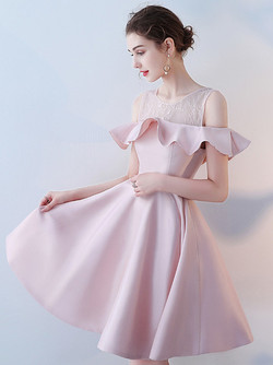 Off-the-shoulder Lace Satin Short Prom Dress Homecoming Dress