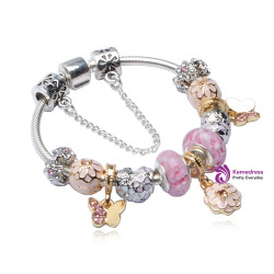 Pink Apple Murano Beads Butterfly Pendant Bracelet Women Silver Plated