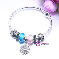 Silver Charm Bracelet Bangle for Female With Blue & Pink Silver Charm Bracelet Bangle for Female With Blue & Pink