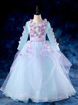 Blue Tulle V-neck Long Sleeve Appliques Flwoer Girl Dress
