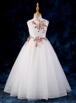 Children Princess White Tulle Appliques High Neck Flower Girl Dress